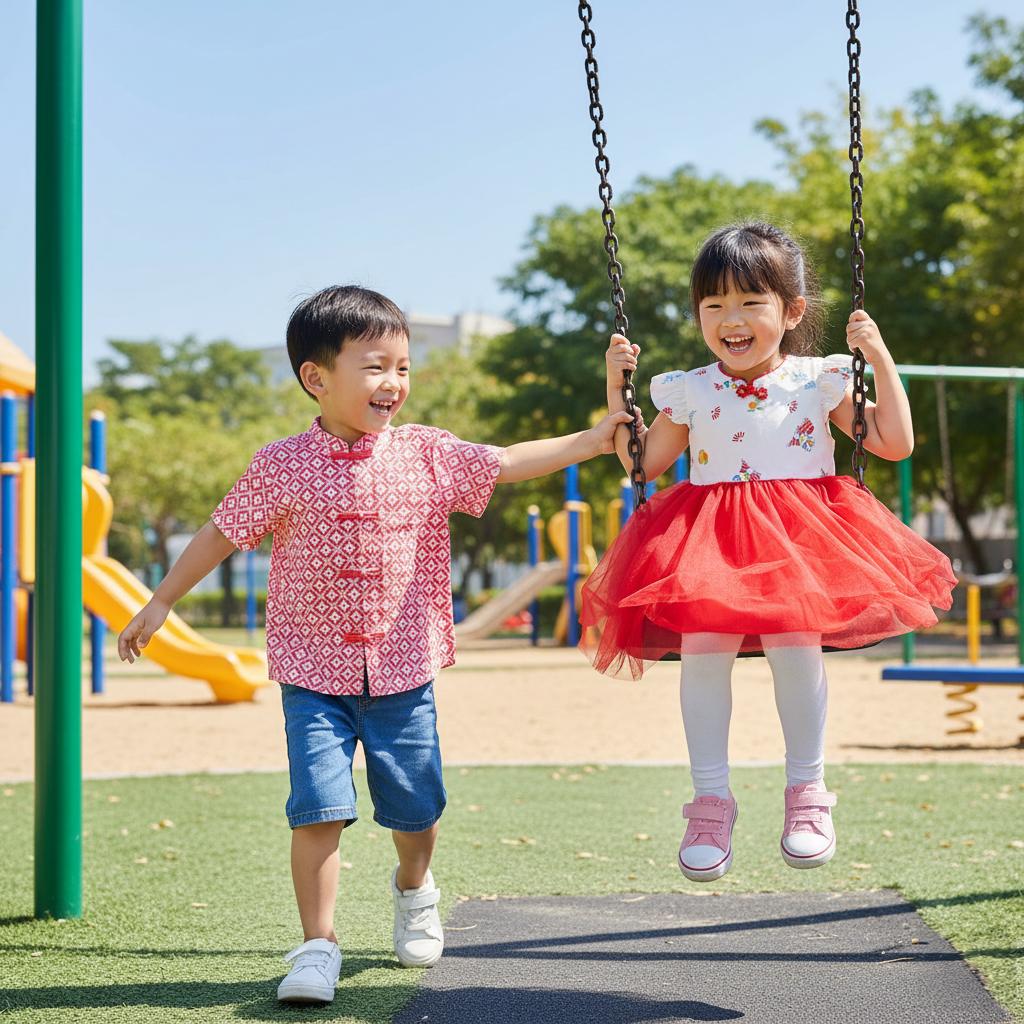 AI-generated children wearing a red shirt and a white and red dress at a playground