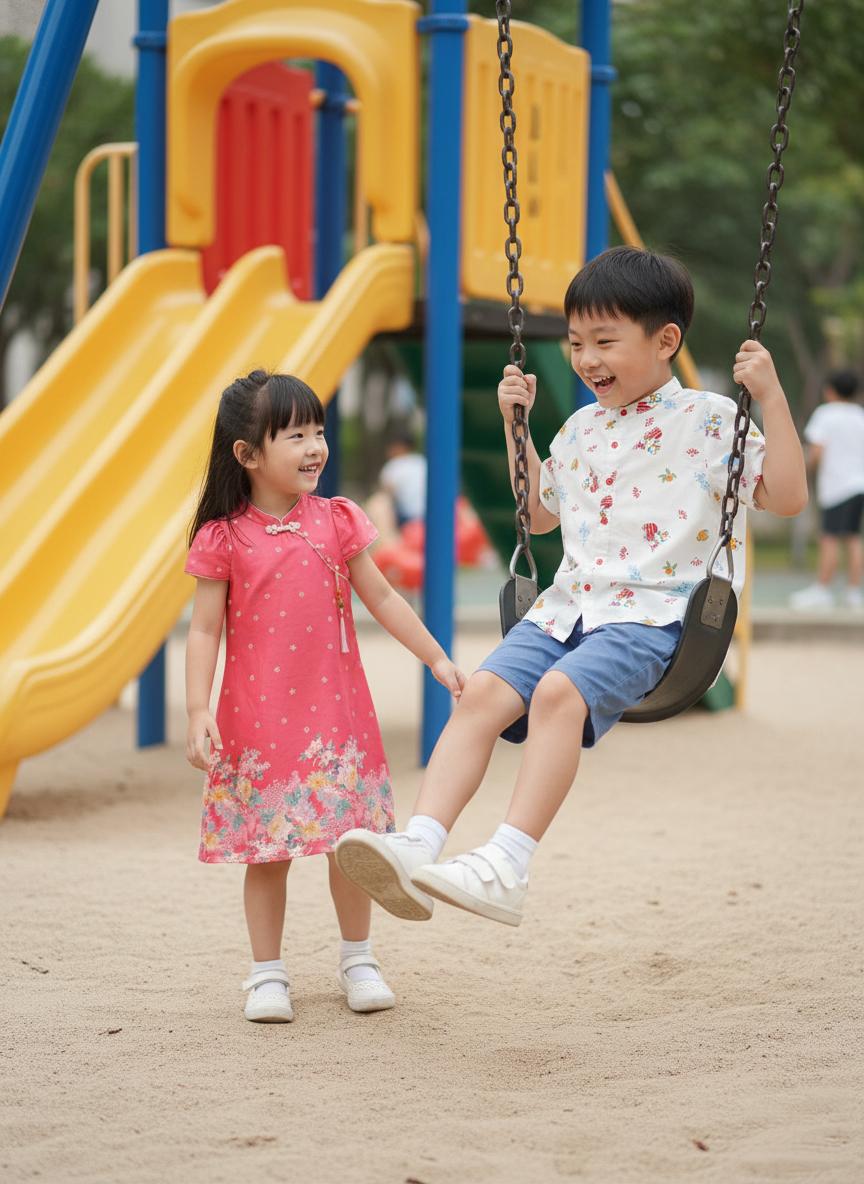 AI-generated children wearing the reference garments beside a playground swing