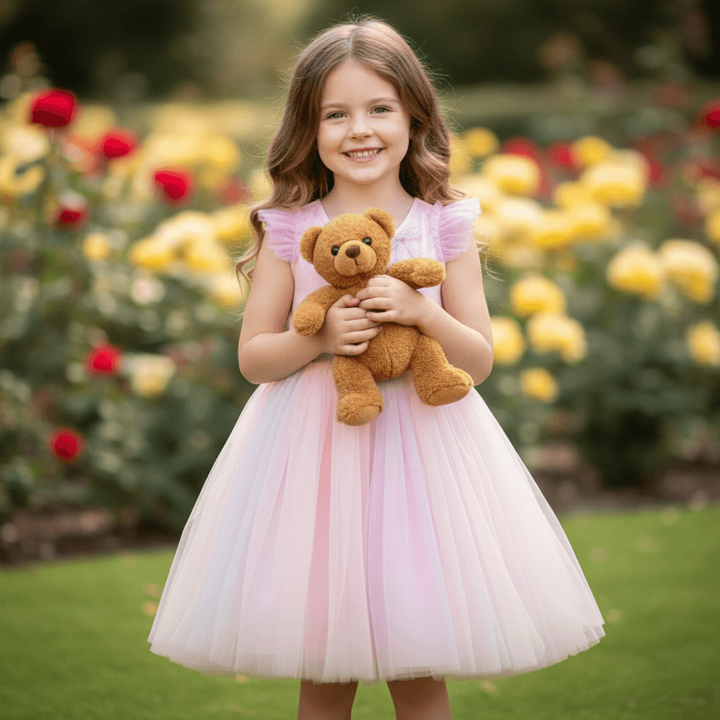 AI-generated child model wearing a pink dress and holding a teddy bear in a garden