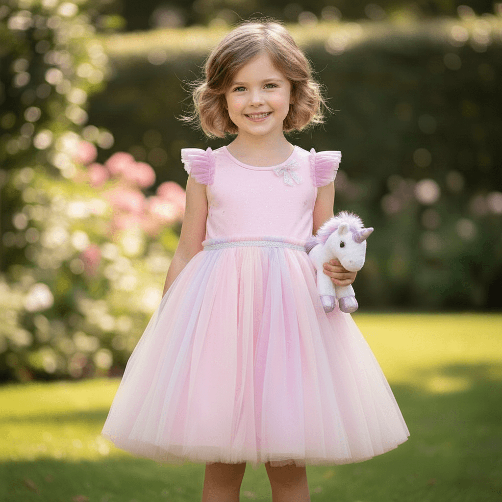 AI-generated child model wearing a pink dress and holding a toy in a garden