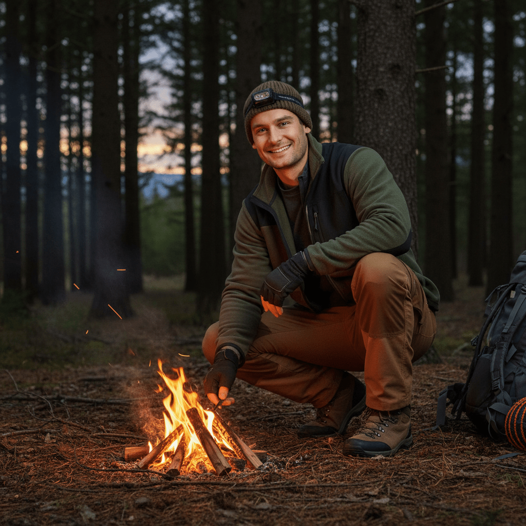 AI-generated visual of a camper beside a fire in a forest