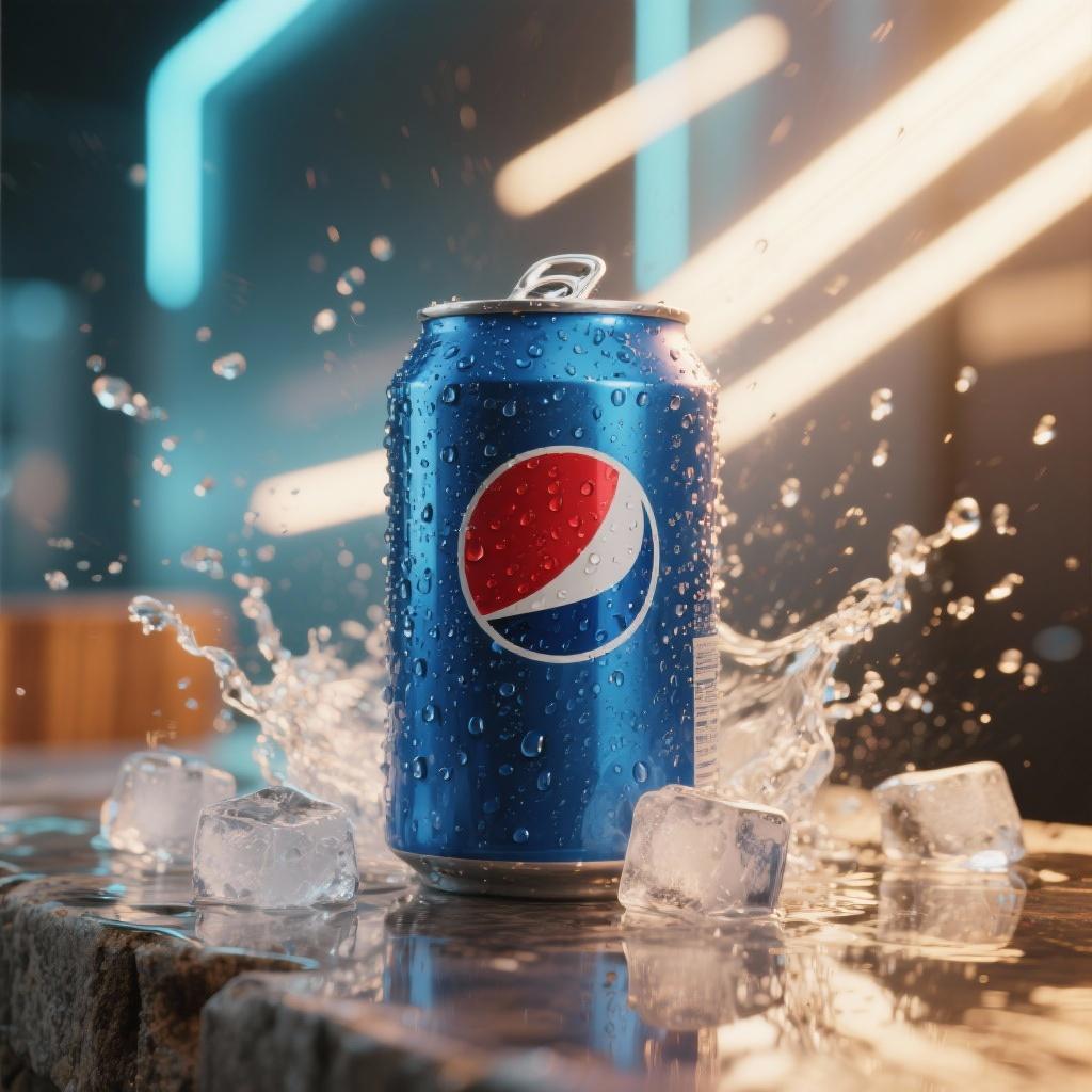 AI-generated beverage concept showing a can with ice and splashing water