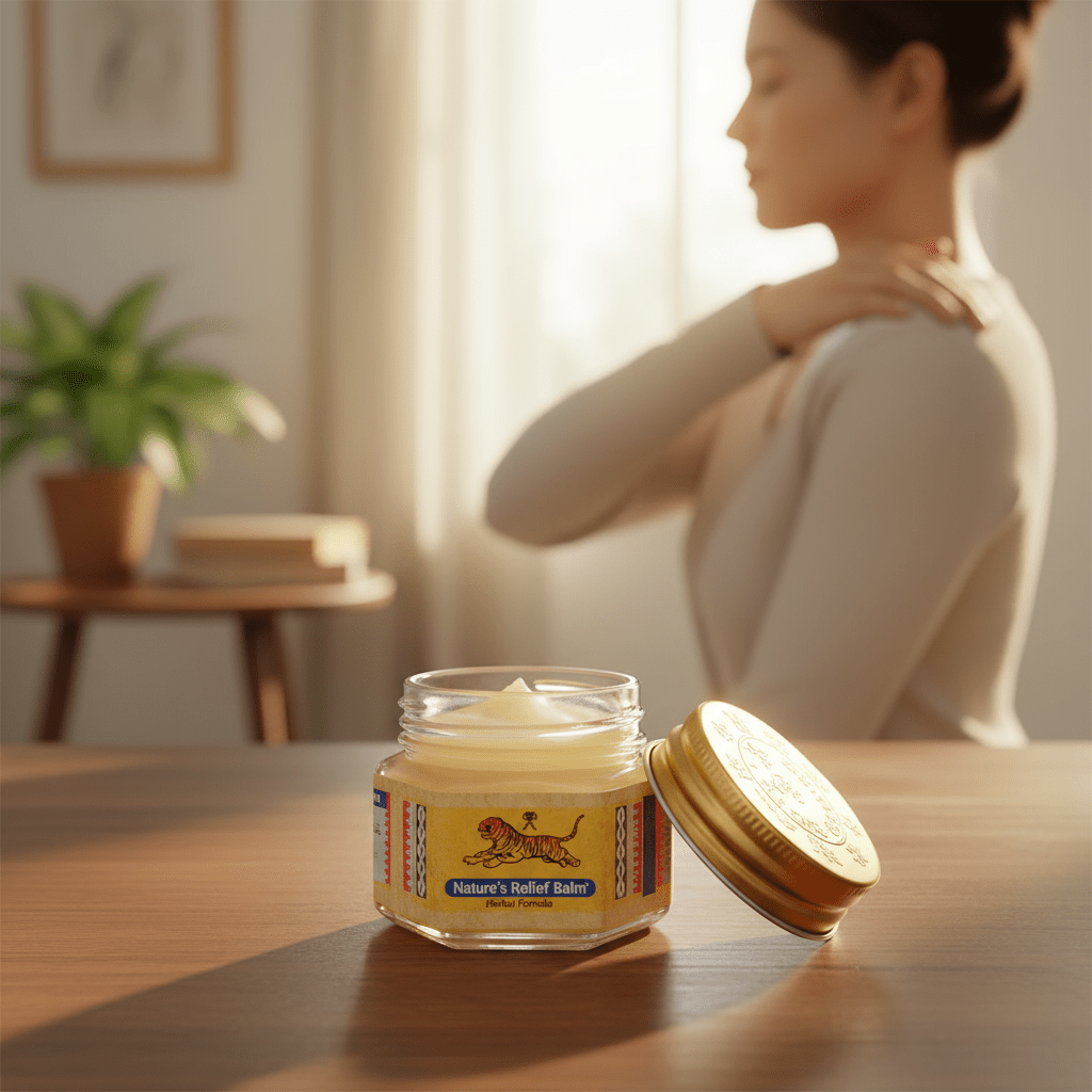 AI-generated wellness product scene with a balm jar and a person in the background