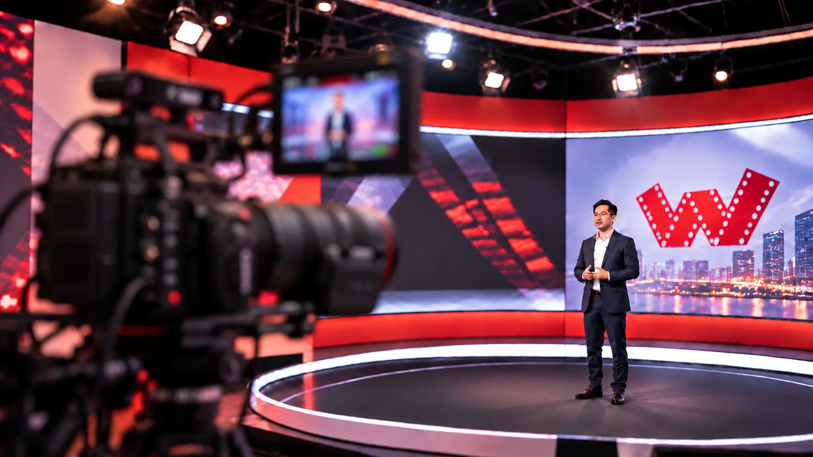 Illustration of a presenter in focus in a Will Dylan virtual studio, with softly blurred camera equipment in the foreground