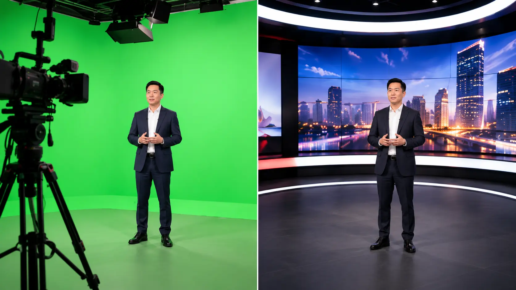 Illustration comparing a green screen stage with a finished virtual studio scene